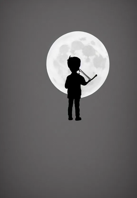 Prompt: little boy standing, holding umbrella, at night, full moon, cute anime style, black and white artwork, minimalist background