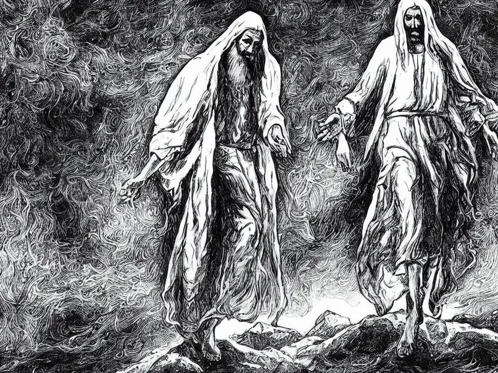 Image similar to jesus walking on water, drawing by alan moore,