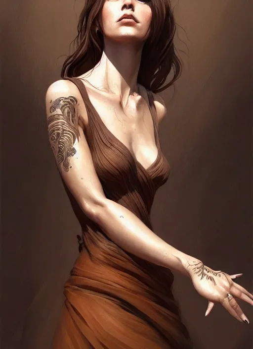 Prompt: portrait of a woman with brown hair wearing a flowing dress, holding her hands out, tattoos of insects, intricate, elegant, highly detailed, digital painting, artstation, concept art, smooth, sharp focus, illustration, art by wlop, mars ravelo and greg rutkowski