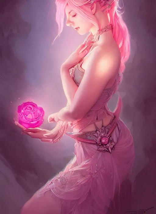 Image similar to pink hair goddess, fantasy, glowing lights!! intricate, soft rose and dried petals, d & d, fantasy, intricate, elegant, highly detailed, digital painting, artstation, concept art, matte, sharp focus, illustration, hearthstone, art by artgerm and greg rutkowski and alphonse mucha