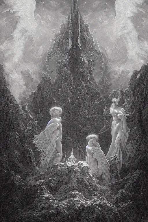 Prompt: two angels guarding the beautifully ornamented gates of hell in the style of gustave dore, epic, masterpiece, photorealistic, gustave dore, soey milk, john martin, peter mohrbacher, james gurney, trending on artstation