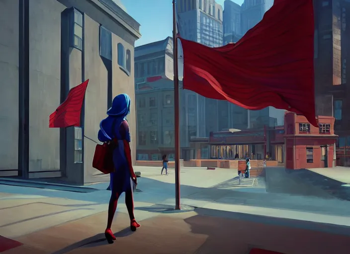 Prompt: inspiring beautiful girl carrying a red propaganda flag walking through beautiful futuristic city by Edward Hopper and Dan Mumford, Unreal Engine 5, Lumen, Nanite