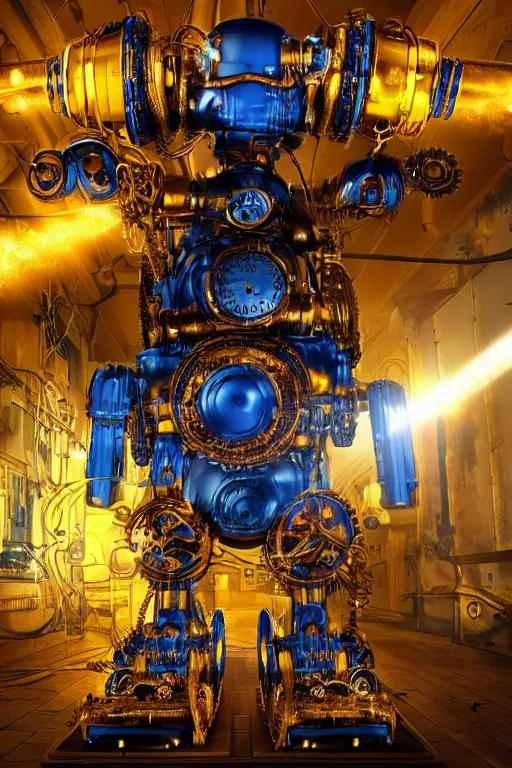 Image similar to portrait photo of a giant huge golden and blue metal steampunk robot with gears and tubes, robot is made of vaccuumcleaner, on the wet floor are mop and bucket, eyes are glowing red lightbulbs, shiny crisp finish, 3 d render, 8 k, insaneley detailed, fluorescent colors, background is multicolored lasershow