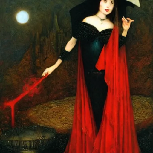 Prompt: witch dressed in black and red, by howard david johnson.