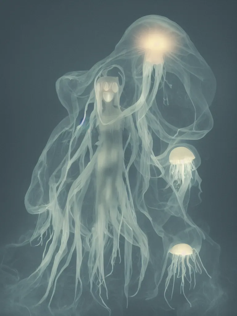 Image similar to cute fumo plush smiling ectoplasmic gothic jellyfish ghost girl, dancing on a foggy riverbank, glowing wisps of hazy smoke, lens flare, vignette, refraction, vray