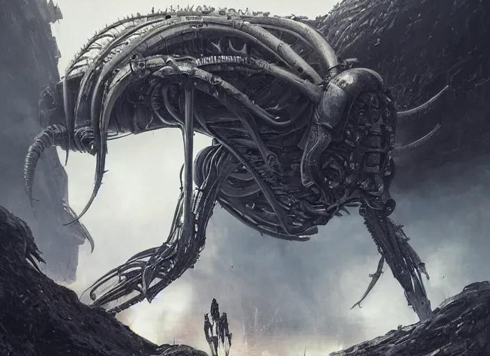 Image similar to cinematic artwork of an alien by hr giger staring down the enemy on the battlefield by Greg Rutkowski, 4k, masterpiece