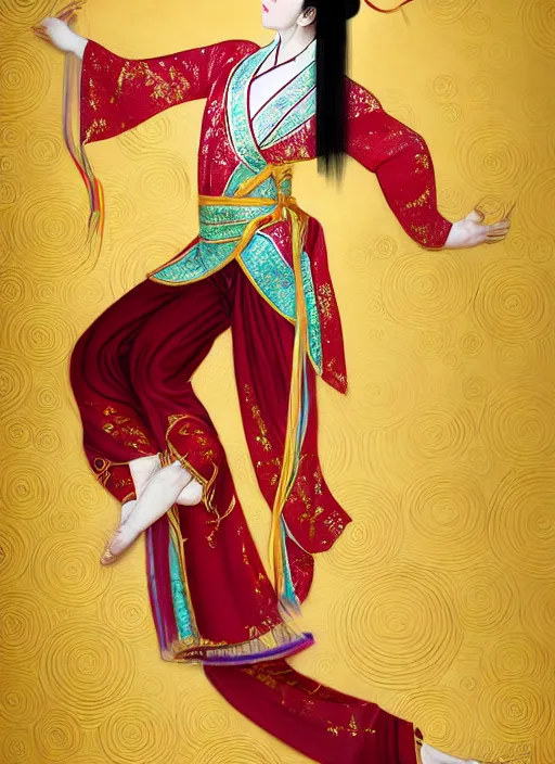 Prompt: full body portrait of a dancer doing a chinese ribbon dance, feet, barefoot, full body, vivacious, extremely beautiful, elaborate gold jewelry, hanfu, chinese ribbon dance, aerial silk, flying silk, ming dynasty, detailed, realistic face, anatomically accurate, fantasy art, in the style of ghostblade, wlop.