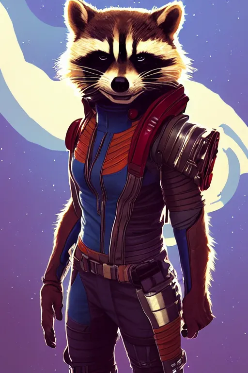 Image similar to a portrait of rocket raccoon from guardians of the galaxy, fantasy, sharp focus, intricate, elegant, digital painting, artstation, matte, highly detailed, concept art, illustration, ambient lighting, art by ilya kuvshinov, artgerm, alphonse mucha, and greg rutkowski