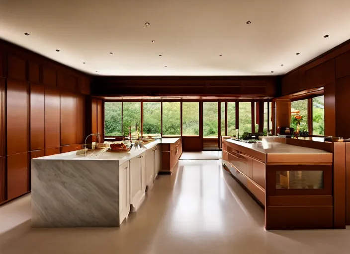 Image similar to a high end luxury kitchen designed by frank lloyd wright, interior design magazine photography