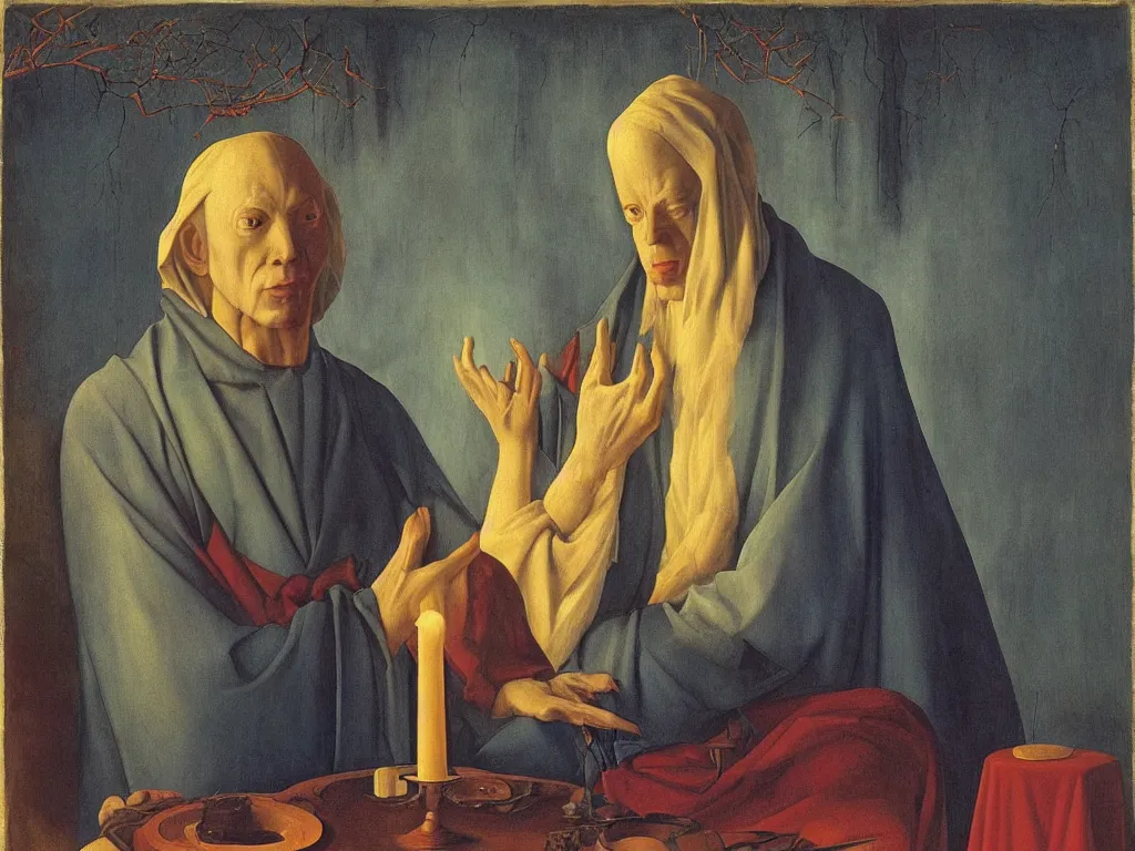 Image similar to Portrait of albino mystic with blue eyes, praying at candle light. Painting by Jan van Eyck, Audubon, Rene Magritte, Agnes Pelton, Max Ernst, Walton Ford