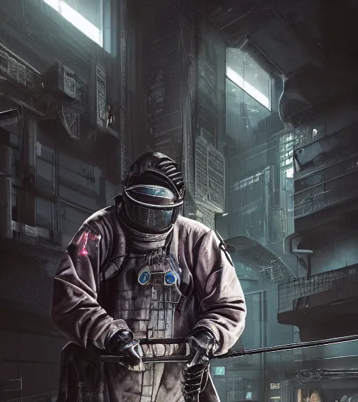 Image similar to realistic cyberpunk japanese engineer with long limbs and a black spacesuit welding a wall, techwear, dead space, visible face, Industrial Scifi, detailed illustration, character portrait, by Martin Grip and Moebius