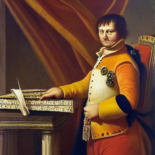 Prompt: a renaissance oil painting of garfield the cat as napoleon