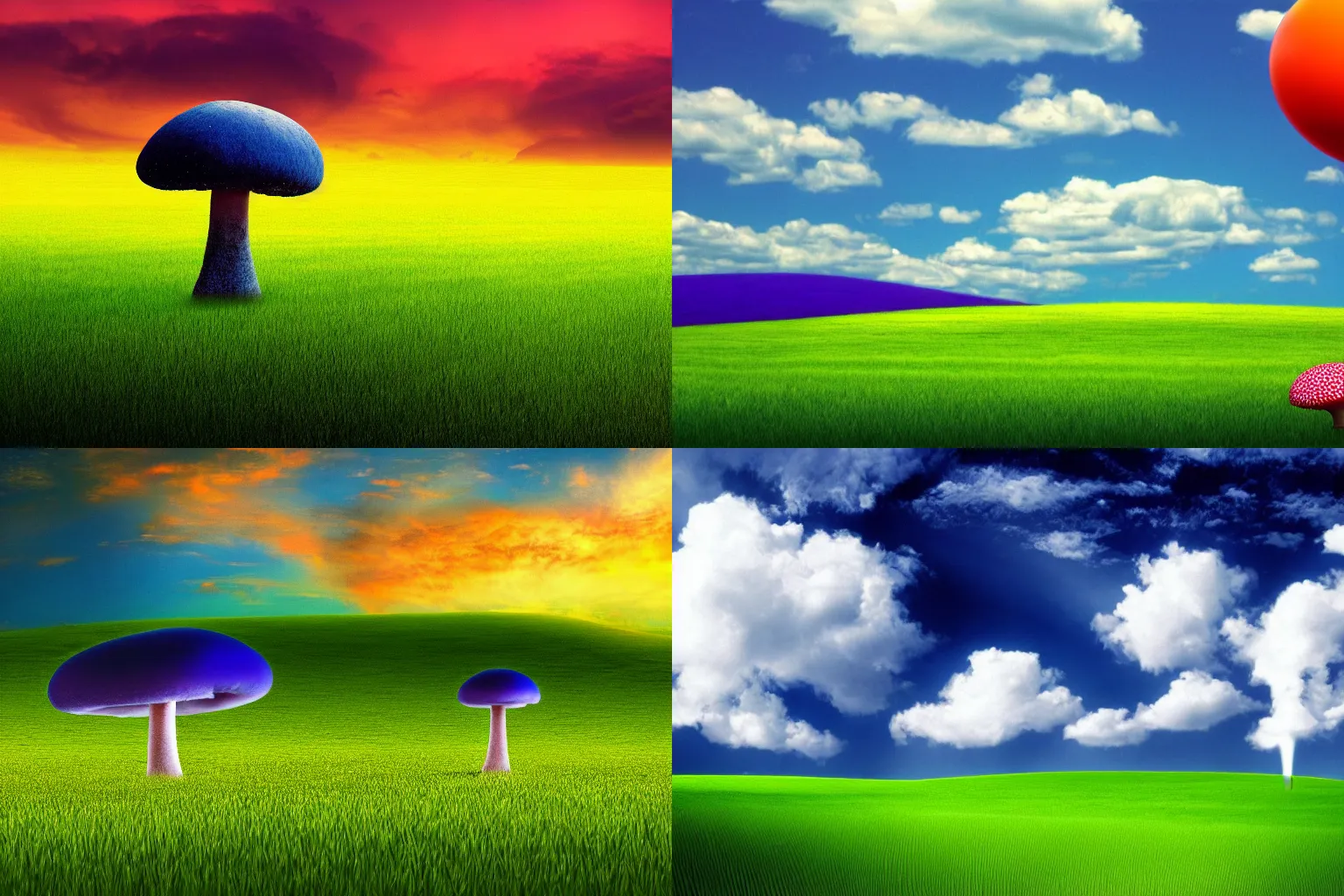 Prompt: the bliss wallpaper from windows xp with an atomic mushroom cloud in the distance