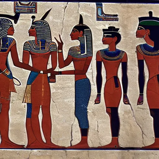 Prompt: Ancient Egyptians meeting modern Egyptians
