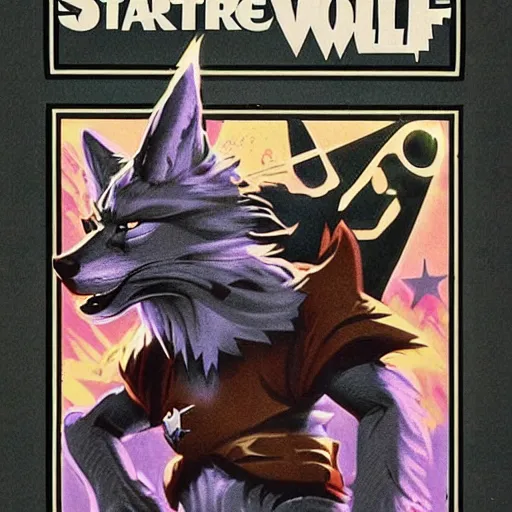 Image similar to 1 9 8 0 s video game art of anthropomorphic wolf o'donnell from starfox fursona furry wolf in a dark space mercenary uniform, looking heroic, magazine scan, 8 0 s game box art, dark grey wolf o'donnell