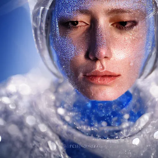 Image similar to futuristic female soldier eyes closed partly submerged in highly viscous clear fluid, frost particles, ice needles, cold blue light, complex hyperdetailed technical suit. white hair flowing. reflection. rays and dispersion of light. volumetric light. 5 0 mm, f / 3 2. noise film photo. ultra realistic, wide angle. rudolf herczog