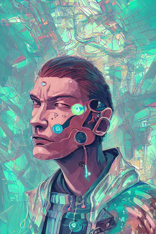 Image similar to abstract portrait, cyberpunk hero, floating detailes, very detailed face, leaves by miyazaki, colorful palette illustration, kenneth blom, mental alchemy, james jean, pablo amaringo, naudline pierre, contemporary art, hyper detailed