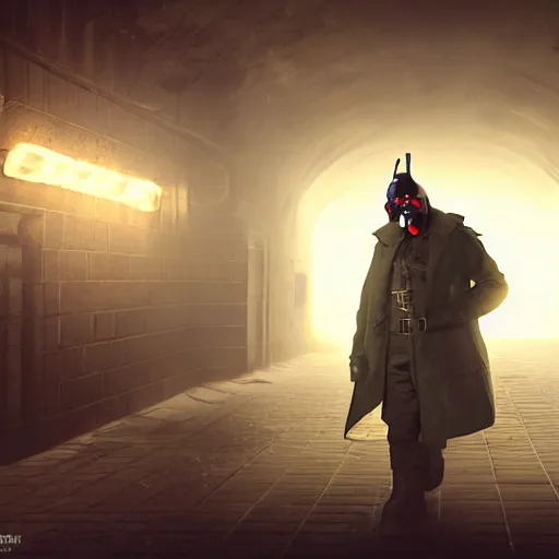 Image similar to hooden villain wearing a gas mask with red goggles, smoke coming out of his body and coat, dark background, in a dark alley, unreal engine 5, ultra realistic, detailed, fog, volumetric lighting, by greg rutkowski,