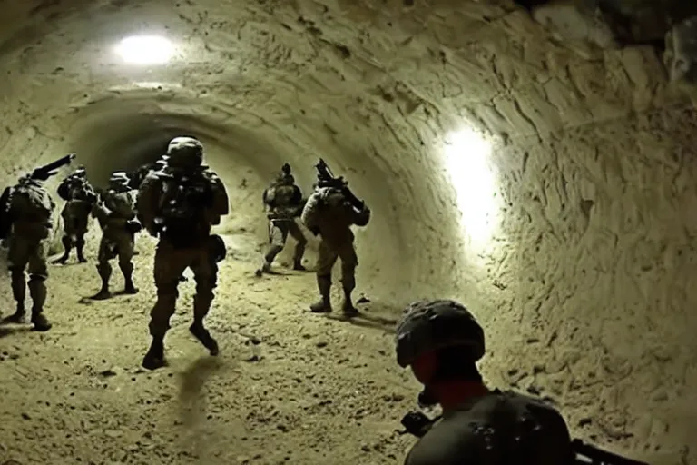 Image similar to gopro footage of a battle between human soldiers and grey aliens with guns in a dark underground tunnel