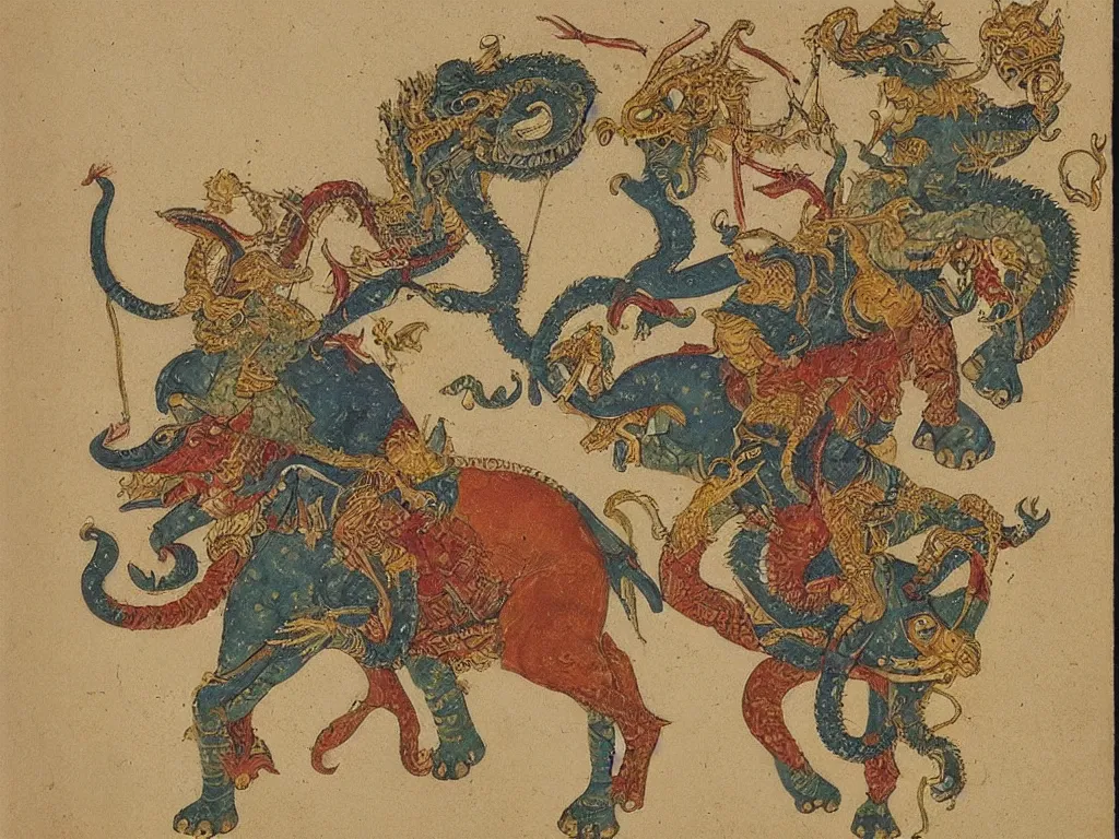 Prompt: Man on elephant fighting the dragon. Persian miniature, golden.