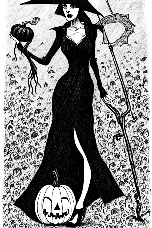 Prompt: black and white ink drawing of a beautiful woman in short gothic dress holding an umbrella next to a pumpkin by tim burton and edward gory