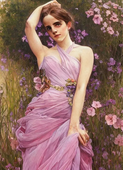 Image similar to emma watson wearing revealing pink and purple chiffon dress with flounces. beautiful detailed face. by artgerm and greg rutkowski and alphonse mucha