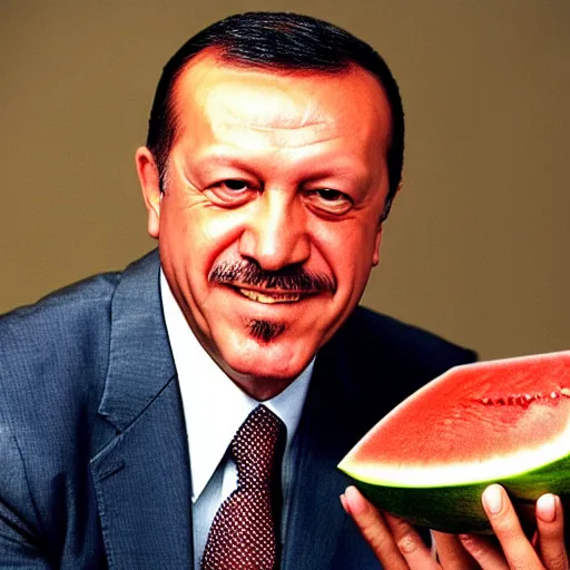 Image similar to recep tayyip erdogan smiling holding watermelon for a 1 9 9 0 s sitcom tv show, studio photograph, portrait c 1 2. 0