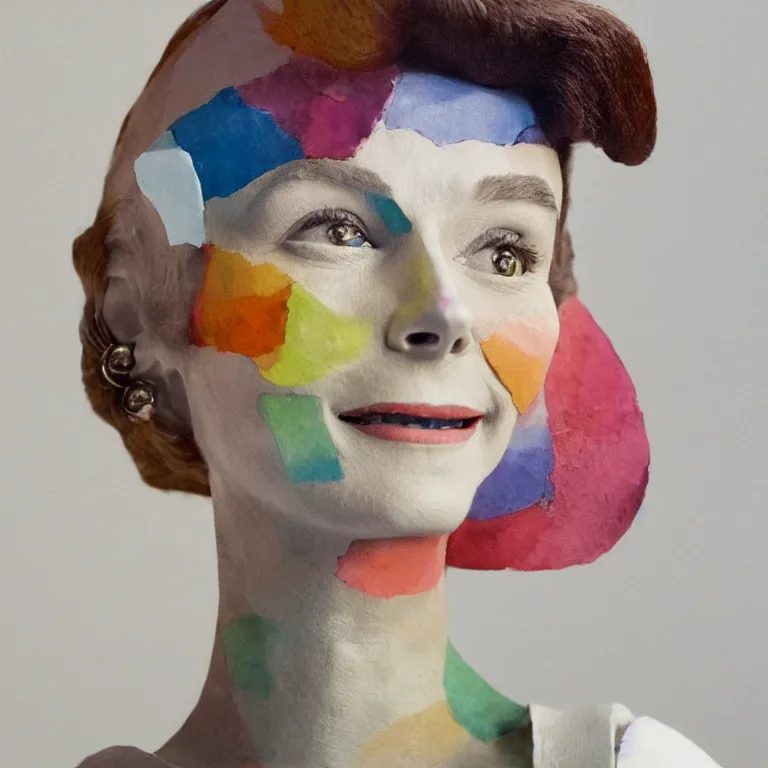 Image similar to beautiful studio photograph of colorful abstract geometric postmodern portrait sculpture of audrey hepburn smiling, made of watercolor - painted plaster on a pedestal by ron mueck and matthew barney and greg rutkowski, hysterical realism intense cinematic lighting shocking detail 8 k