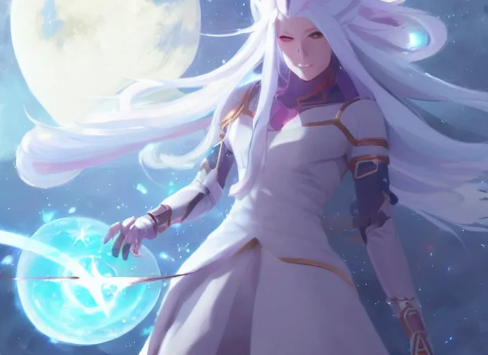 Prompt: a female space mage with long white hair, star guardian inspired, perfect art, trending on pixiv, painted by greg rutkowski makoto shinkai takashi takeuchi, akihiko yoshida