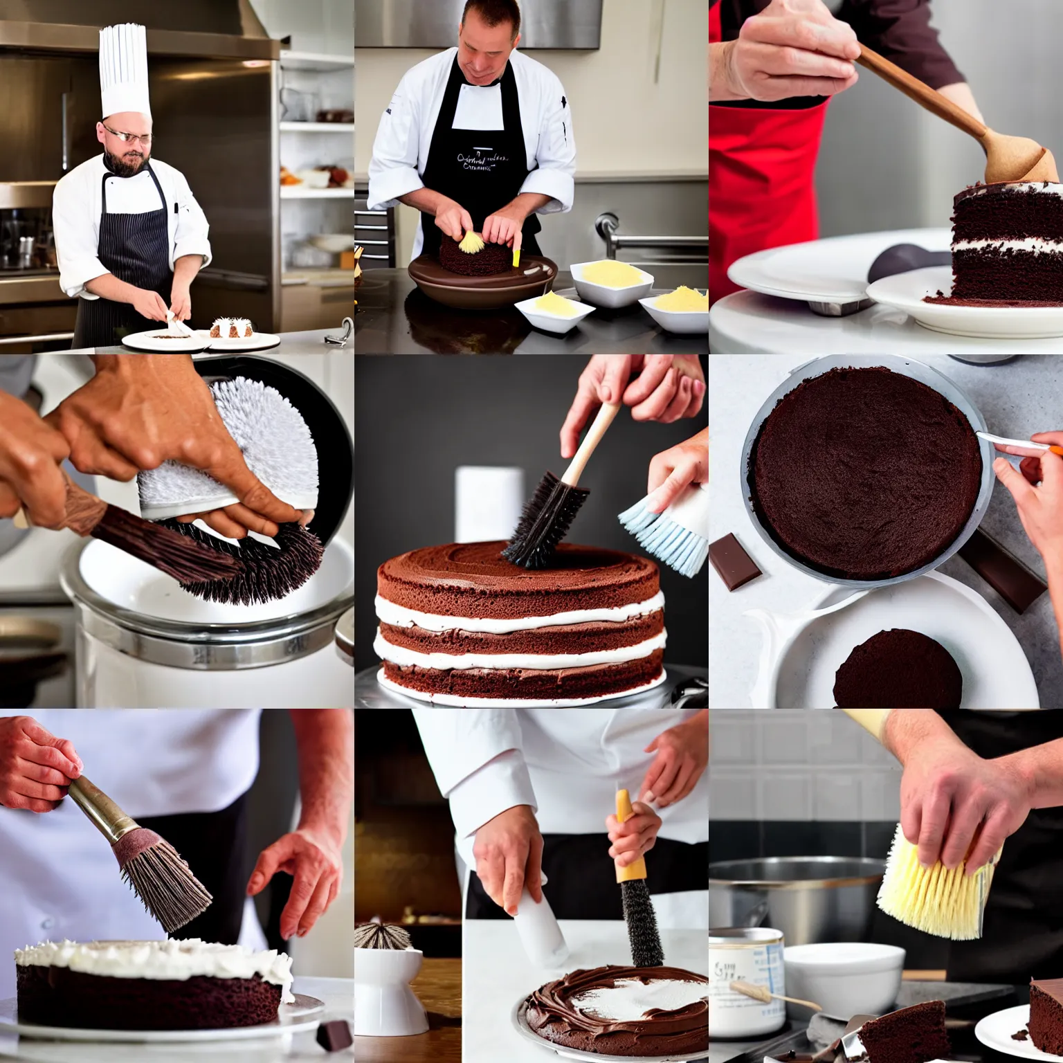 Prompt: chef making a chocolate cake with a toilet brush