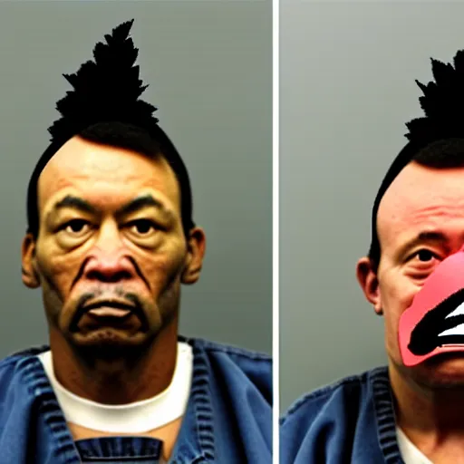 Prompt: inmate with chicken head, mugshot in a police station