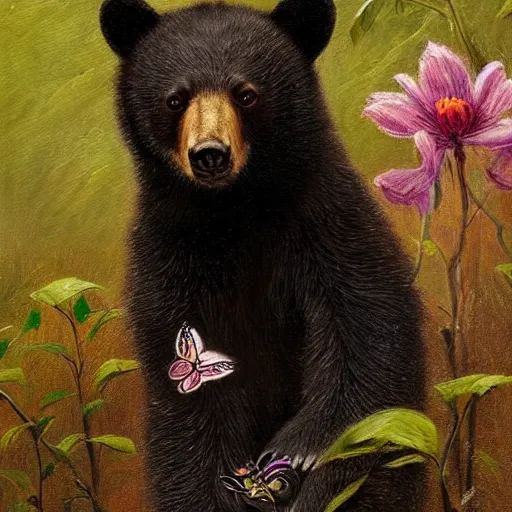 Prompt: a black bear cub with a butterfly on its nose, fantasy art, intricate, elegant, highly detailed, digital painting, artstation, smooth, sharp focus, illustration, art by thomas eakins