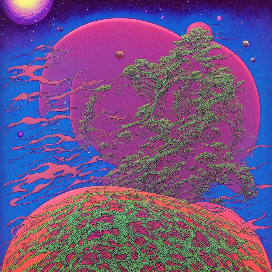 Image similar to ( ( ( ( beautiful gas cloud, strange planet, unique forest ) ) ) ) by mœbius!!!!!!!!!!!!!!!!!!!!!!!!!!!, overdetailed art, colorful, artistic record jacket design