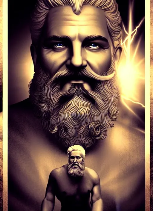 Image similar to zeus god of the sky holding the lightings + older man with a beard + father of all gods and humans + beautiful face and pretty face + intricate complexity, rule of thirds, style by artgerm, dramatic lighting