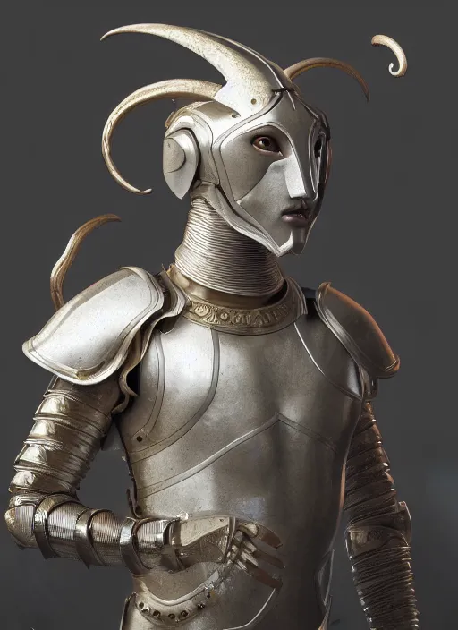 Image similar to hyperrealistic mixed media portrait of an humanoid ram creature wearing full plate armor, stunning 3d render inspired art by Michael Parkes + perfect facial symmetry + dim volumetric lighting, 8k octane beautifully detailed render, post-processing, extremely hyperdetailed, intricate, epic composition, grim yet sparkling atmosphere, cinematic lighting + masterpiece, trending on artstation