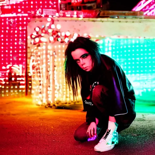 Prompt: billie eilish in the street, explosion of neon lights