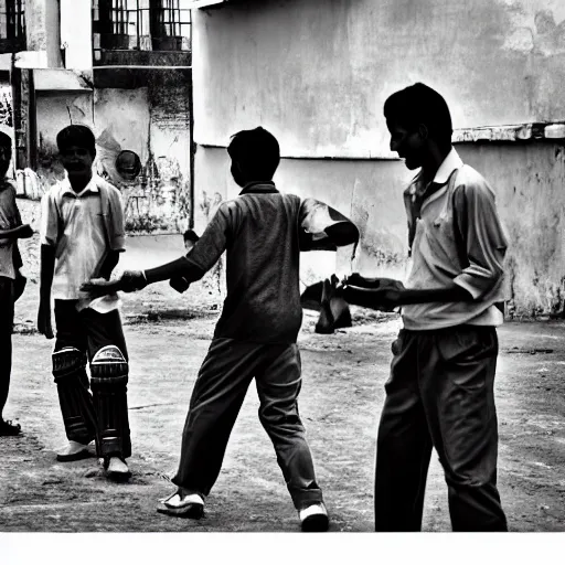 Image similar to four guys playing a game of cricket, on an indian street, award winning image, national geographic, dslr 3 0 mm image, black and white, wow, gorgeous