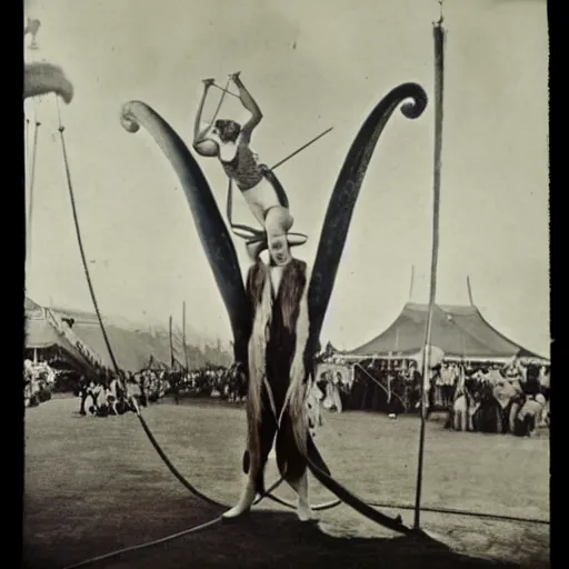 Prompt: giant octupus performing on a circus, 1 9 2 0, vintage photography, colored, realistic