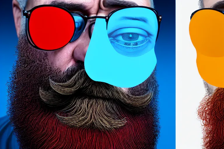 Image similar to ( ( a beautiful 8 k photorealistic masterpiece oil - logo ) ( close up ) and ( zoom out ) ( of ( a philosopher with blue and red pill in his hands ) ( beard ( happy ) ) ) ( hyperrealism ) ( 1 6 k ) ( trending on artstation )