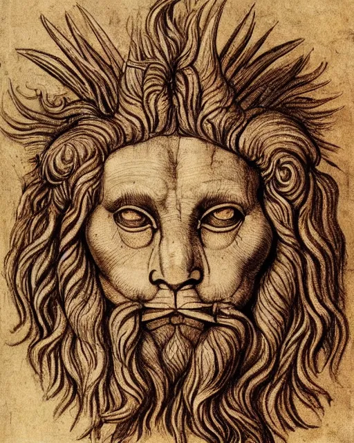 Prompt: a creature with four faces in one, human face, eagle beak, lion mane, two horns on the head, drawn by da vinci. symmetrical