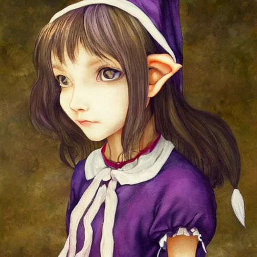 Image similar to little elf girl, tunic, soft hair. light color palate, purple, yellow and white. detailed soft painting, ayami kojima, made in abyss, anatomically correct, inspired in balthus, high detailed face anime