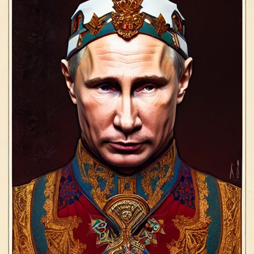 Image similar to a portrait of ( male ) putin, upper half portrait, decorated with russian motifs, traditional russia, intricate, rugged, highly detailed, symmetry, headpiece, digital painting, artstation concept art smooth sharp focus, illustration, art by artgerm and greg rutkowski alphonse mucha 8 k