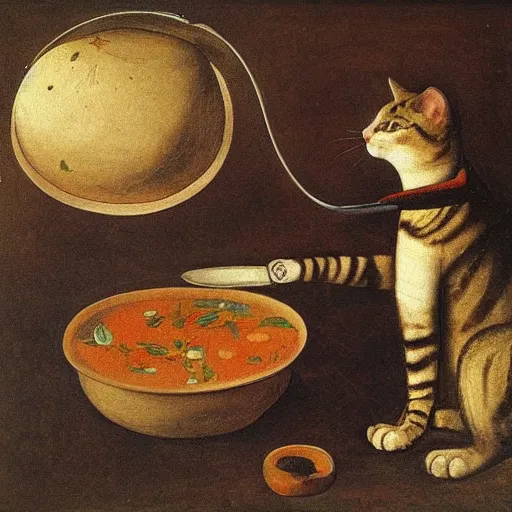 Prompt: the cat cooks soup, stirring a pot with a ladle and cutting vegetables, oil painting, drawn by Leonardo Da Vinci