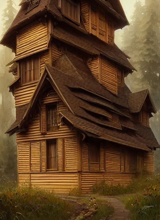 Prompt: wooden house in a wood musically gifted intricate, elegant, highly detailed, digital painting, artstation, concept art, smooth, sharp focus, illustration, art by artgerm and greg rutkowski and alphonse mucha