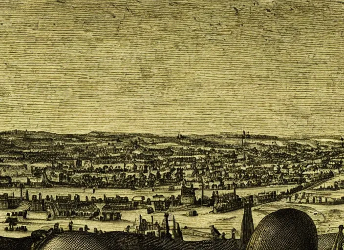 Prompt: detail from Hollar’s Panoramic view of a Martian city, 1647