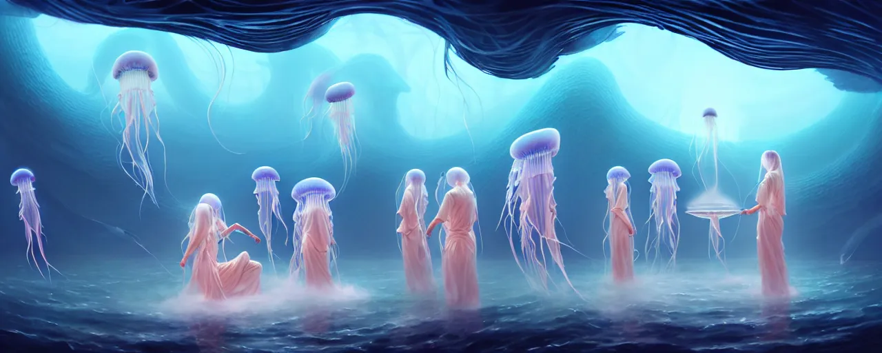 Prompt: A painting of priestesses worshipping at the jellyfish temple, shrouded in mist, jellyfish god, 8K, illustration, by ilya kuvshinov and Wojtek Fus and Justin Cheung and ArtGerm and Stéphane Roux, smoke, undersea temple with fish, cinematic, insanely detailed and intricate, hypermaximalist, elegant, super detailed, award-winning, chartreuse and orange and cyan, mysterious, ancient, ritual, ethereal, trending in cgsociety, artstation HQ, ornate, elite, haunting, matte painting, beautiful detailed, insanely intricate details, artstation trending