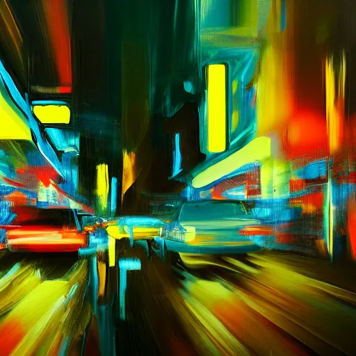 Image similar to abstract oil painting of a long exposure of a busy neon street