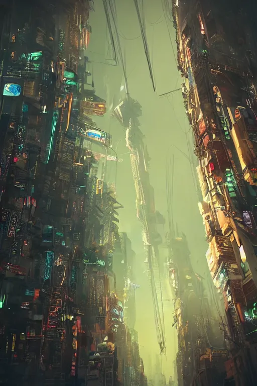 Prompt: “low angle of a gigantic cyberpunk building hovering above a city, long thick cables trash and debris hanging from underneath, smoke and thick dust in the air, rays of light, neon billboards and dried palmtrees in the streets, air ships examining the area, intricate and epic concept art, highly detailed, 8k, cinematic
