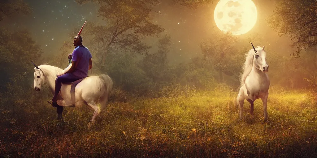 Image similar to morgan freeman riding an unicorn, in the middle of a forest, in the moonlight, night realism, 4 k, octane render, award winning photograph