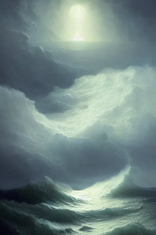 Image similar to Intricate stunning highly detailed water deity emerging from a stormy ocean by Ivan Aivazovsky, agostino arrivabene, Greg Rutkowski , surreal, digital painting, ultra realistic, beautiful lighting, full moon, thick swirling tornado, artstation